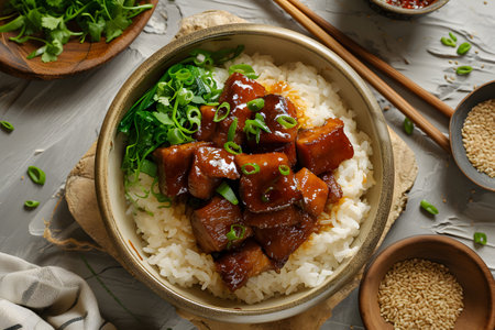 Famous and traditional Taiwanese braised pork rice, close up of stewed pork and chopped green onions over steamed riceの素材