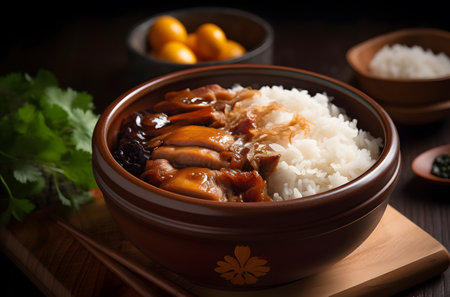 Famous and traditional Taiwanese braised pork rice, close up of stewed pork over steamed riceの素材