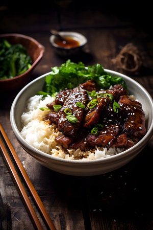 Famous and traditional Taiwanese braised pork rice, close up of stewed pork and chopped green onions over steamed riceの素材