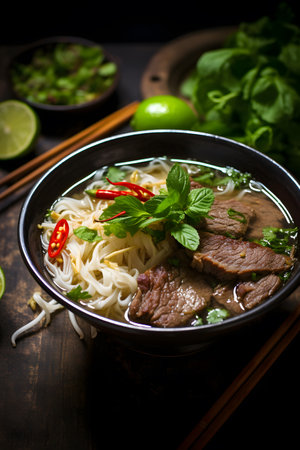 Delicious bowl of traditional Vietnamese cuisine pho beef noodle soup with vegetablesの素材