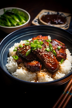 Famous and traditional Taiwanese braised pork rice, close up of stewed pork and chopped green onions over steamed riceの素材