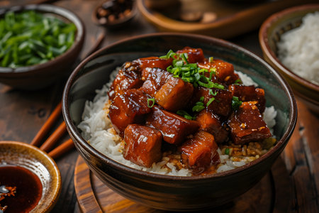 Famous and traditional Taiwanese braised pork rice, close up of stewed pork and chopped green onions over steamed riceの素材