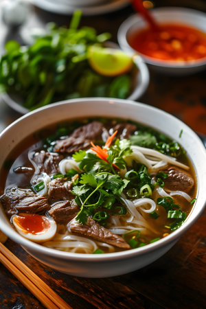 Delicious bowl of traditional Vietnamese cuisine pho beef noodle soup with vegetablesの素材