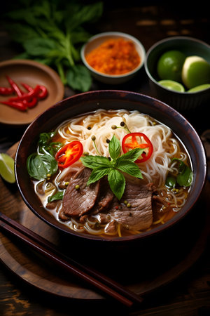 Delicious bowl of traditional Vietnamese cuisine pho beef noodle soup with vegetablesの素材