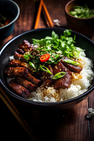 Famous and traditional Taiwanese braised pork rice, close up of stewed pork and chopped green onions over steamed riceの素材