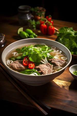 Delicious bowl of traditional Vietnamese cuisine pho beef noodle soup with vegetablesの素材