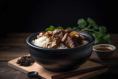 Famous and traditional Taiwanese braised pork rice, close up of stewed pork over steamed riceの素材