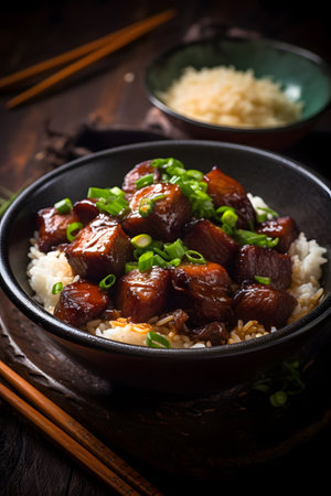Famous and traditional Taiwanese braised pork rice, close up of stewed pork and chopped green onions over steamed riceの素材