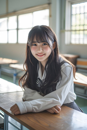 Beautiful Japanese junior high school girl in uniform, sitting in an empty Japanese high school classroom, looking at cameraの素材