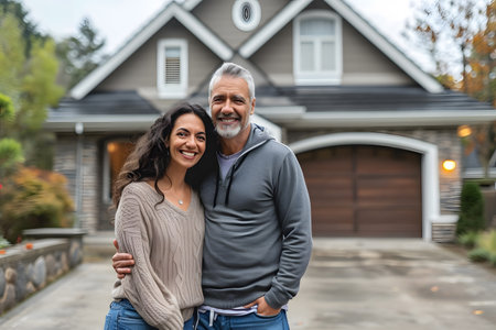 Happy mid aged couple stands smiling in driveway of house, real estate property or new home buyingの素材