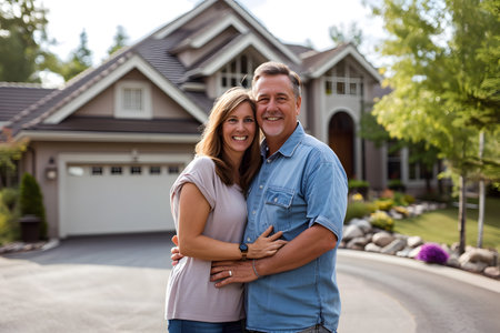 Happy mid aged couple stands smiling in driveway of house, real estate property or new home buyingの素材