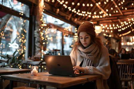 Hardworking young woman doing work on his laptop in a coffee shopの素材