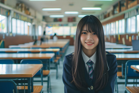 Beautiful Japanese junior high school girl in uniform, sitting in an empty Japanese high school classroom, looking at cameraの素材