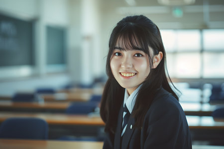 Beautiful Japanese junior high school girl in uniform, sitting in an empty Japanese high school classroom, looking at cameraの素材