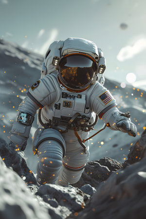 close up portrait of an astronaut exploring a planet with an expression of wonder, cinematic sceneの素材