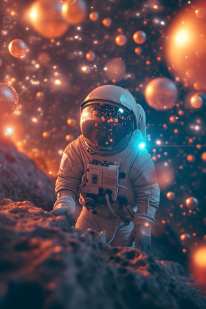 close up portrait of an astronaut exploring a planet with an expression of wonder, cinematic sceneの素材
