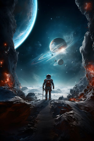 close up portrait of an astronaut exploring a planet with an expression of wonder, cinematic sceneの素材