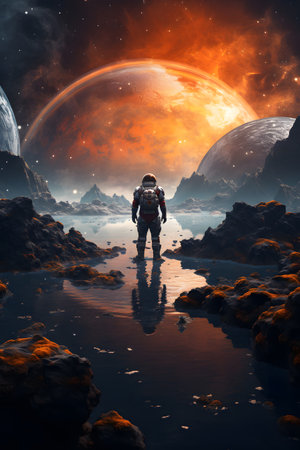 close up portrait of an astronaut exploring a planet with an expression of wonder, cinematic sceneの素材