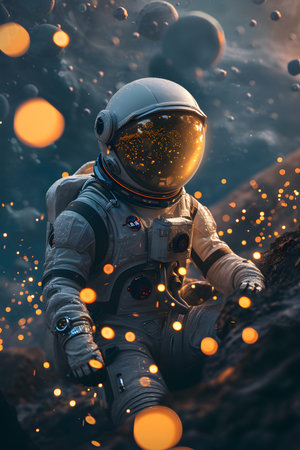 close up portrait of an astronaut exploring a planet with an expression of wonder, cinematic sceneの素材