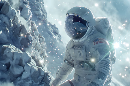 close up portrait of an astronaut exploring a planet with an expression of wonder, cinematic sceneの素材