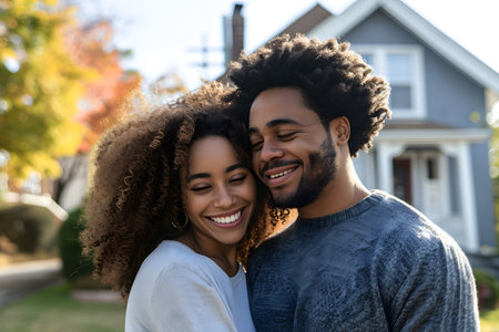 Happy mid aged couple stands smiling in driveway of house, real estate property or new home buyingの素材