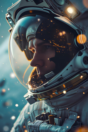 Close up portrait of male astronaut wearing suit exploring in spaceの素材
