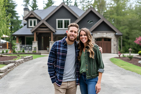 Happy mid aged couple stands smiling in driveway of house, real estate property or new home buyingの素材