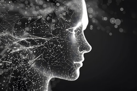 Illustration of digital human face for artificial intelligence concept of big data or cyber securityの素材