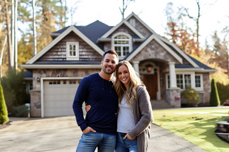 Happy mid aged couple stands smiling in driveway of house, real estate property or new home buyingの素材