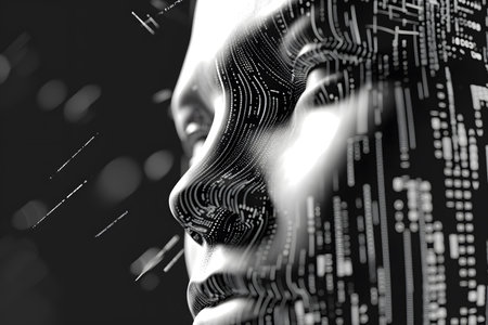 Illustration of digital human face for artificial intelligence concept of big data or cyber securityの素材