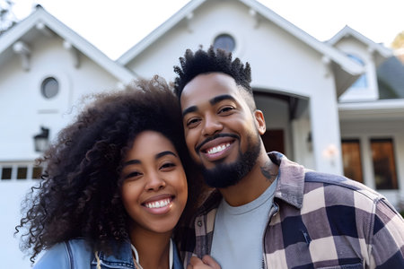 Happy mid aged couple stands smiling in driveway of house, real estate property or new home buyingの素材