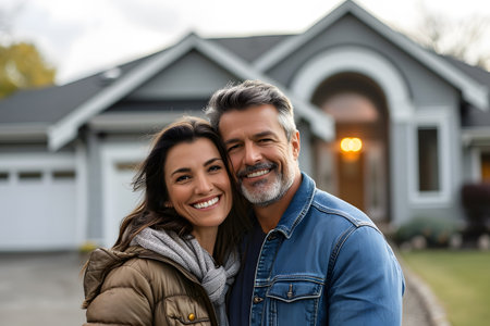 Happy mid aged couple stands smiling in driveway of house, real estate property or new home buyingの素材