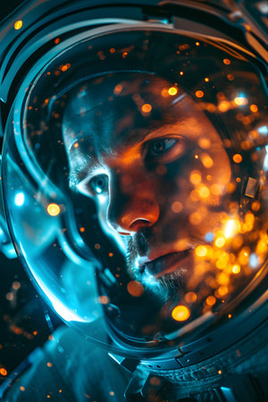 Close up portrait of male astronaut wearing suit exploring in spaceの素材