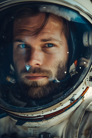 Close up portrait of male astronaut wearing suit exploring in spaceの素材