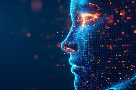 Illustration of digital human face for artificial intelligence concept of big data or cyber securityの素材
