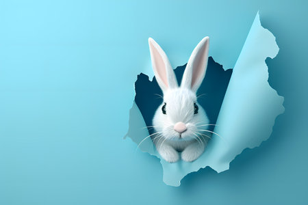 Adorable white Easter bunny toy peeping out of blue wallの素材