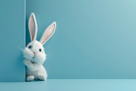 Adorable white Easter bunny peeping out of blue wallの素材