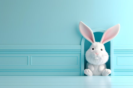Adorable white Easter bunny toy peeping out of blue wallの素材