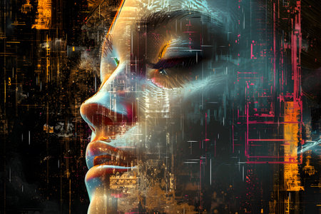 Illustration of digital female human face for artificial intelligence concept of big data or cyber securityの素材