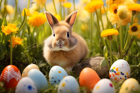 Cute and small Easter bunny sitting in a wildflower meadow with many color Easter eggs on sunny dayの素材
