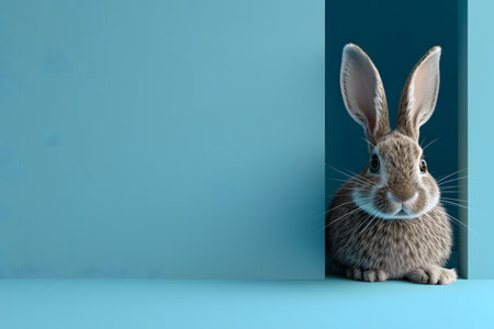 Adorable white Easter bunny peeping out of blue wallの素材