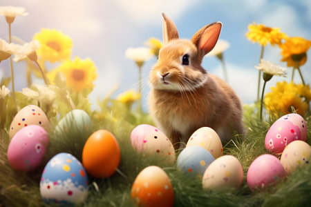 Cute and small Easter bunny sitting in a wildflower meadow with many color Easter eggs on sunny dayの素材