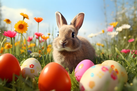 Cute and small Easter bunny sitting in a wildflower meadow with many color Easter eggs on sunny dayの素材