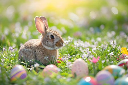 Cute and small Easter bunny sitting in a wildflower meadow with many color Easter eggs on sunny dayの素材