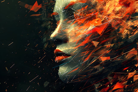 Illustration of digital female human face for artificial intelligence concept of big data or cyber securityの素材