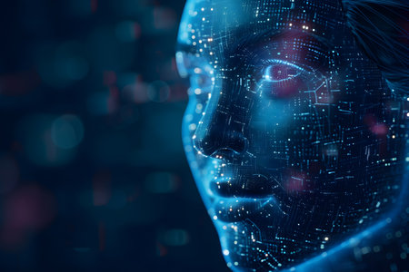 Illustration of digital human face for artificial intelligence concept of big data or cyber securityの素材