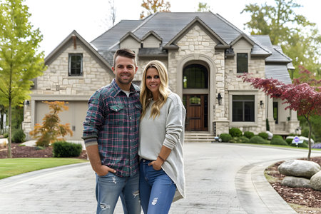 Happy mid aged couple stands smiling in driveway of house, real estate property or new home buyingの素材