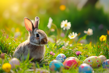 Cute and small Easter bunny sitting in a wildflower meadow with many color Easter eggs on sunny dayの素材