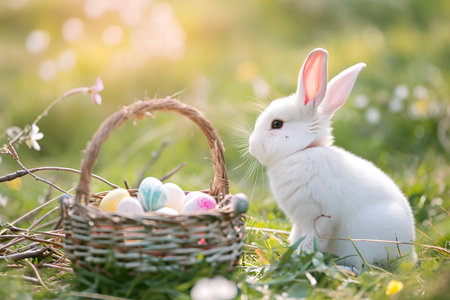 Cute and small Easter bunny sitting in a wildflower meadow with many color Easter eggs in a basket on sunny dayの素材