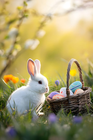 Cute and small Easter bunny sitting in a wildflower meadow with many color Easter eggs in a basket on sunny dayの素材